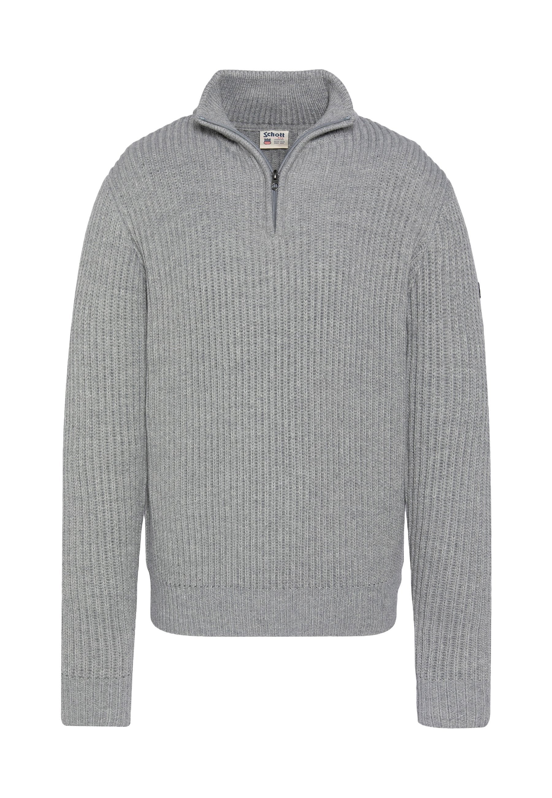 Grauer gerippter Strickpullover mit einem halbhohen Reißverschlusskragen, langen Ärmeln sowie elastischen Bündchen und Saum. Verfügt über ein kleines Logo auf dem Ärmel.