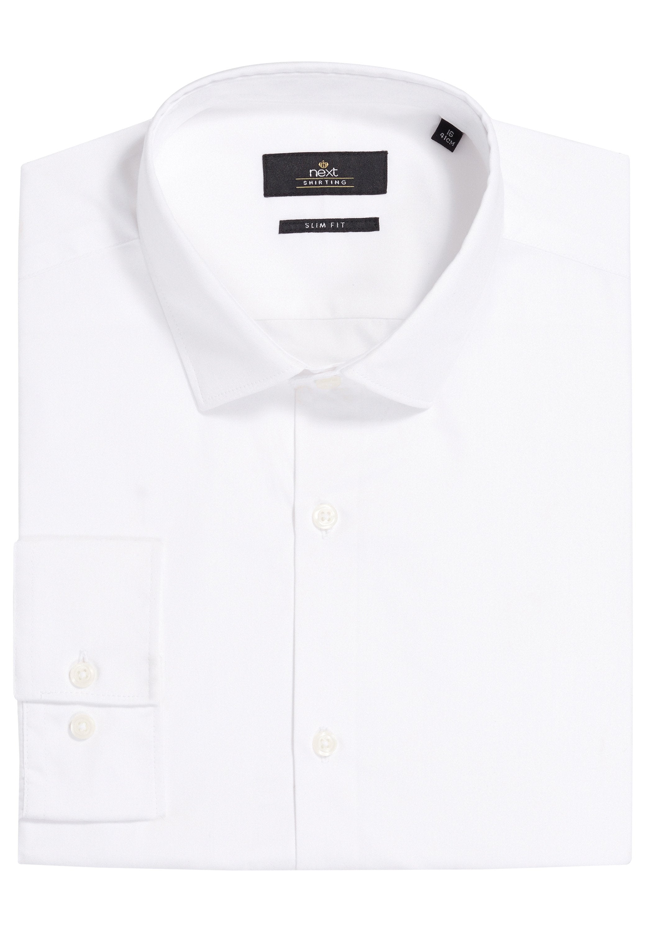 Weißes Slim-Fit-Hemd aus glattem Baumwollstoff, mit klassischem Kragen, Knopfverschluss und doppelt geknöpften Manschetten. Markenlabel sichtbar.