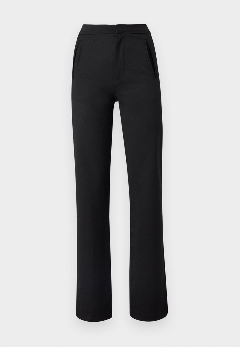 Schwarze, maßgeschneiderte Hose aus glattem, leichtem Stoff mit hohem Bund, zwei seitlichen Taschen und geradem Bein.