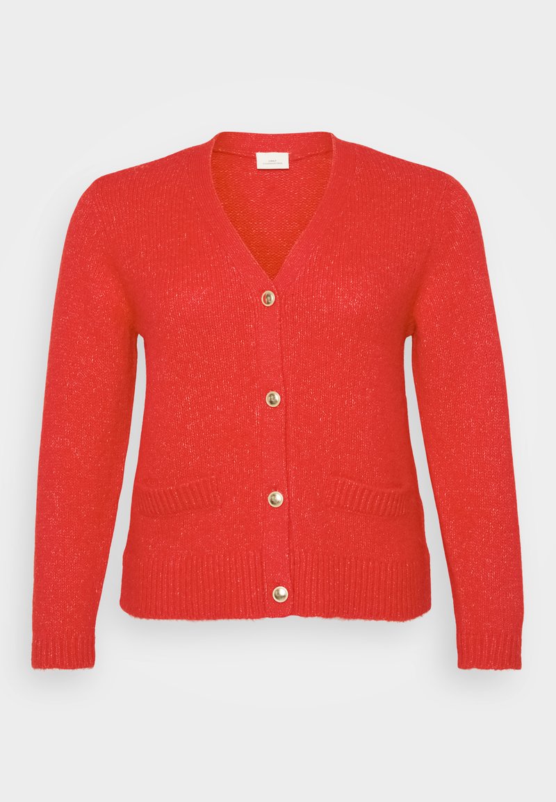 Roter Cardigan mit V-Ausschnitt, goldenen Knöpfen, geripptem Saum und Bündchen, ausgestattet mit zwei vorderen Taschen und einem strukturierten Strickmaterial.