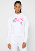 Weißer, verkürzter Hoodie mit einem pinken Grafiklogo "Duc'L 78" auf der Vorderseite. Mit Kordelzugkapuze und weichem, glattem Stoff.