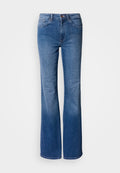 Hellblaue Jeans mit ausgestelltem Bein aus Denim. Verfügt über eine hohe Taille, Fronttaschen und dezente Verzierungen entlang der Hüfte. Glatte Textur.