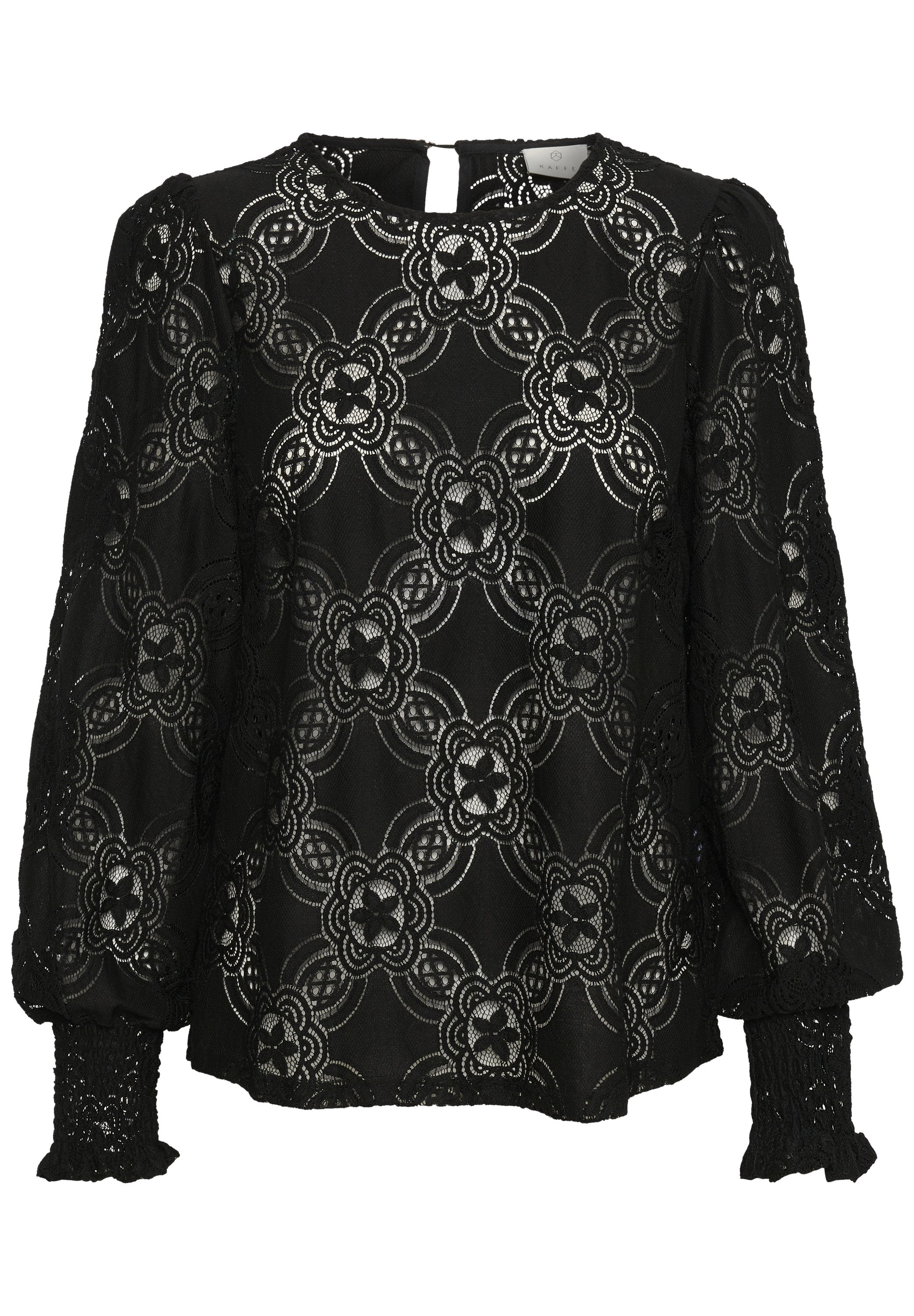 Schwarze Spitzenbluse mit floralen Mustern, Ballonärmeln mit Raffung an den Bündchen und einem Schlüssellochverschluss hinten. Zarte Stickereien verleihen zusätzliche Details.