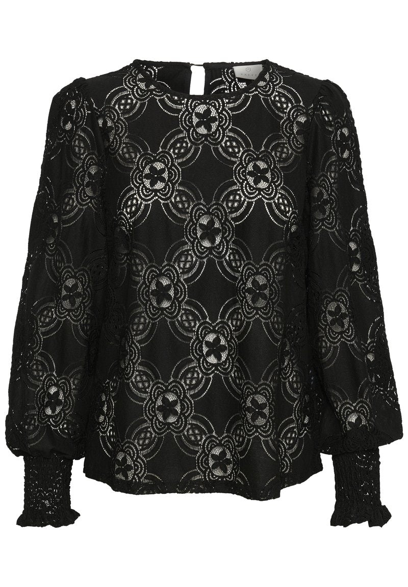 Schwarze Spitzenbluse mit floralen Mustern, Ballonärmeln mit Raffung an den Bündchen und einem Schlüssellochverschluss hinten. Zarte Stickereien verleihen zusätzliche Details.
