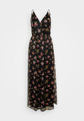 Schwarzes Blumenkleid im Maxiformat mit dünnen Trägern, V-Ausschnitt, tailliertem Schnitt und transparenter Overlay. Blumendesign in Rosa- und Goldtönen.