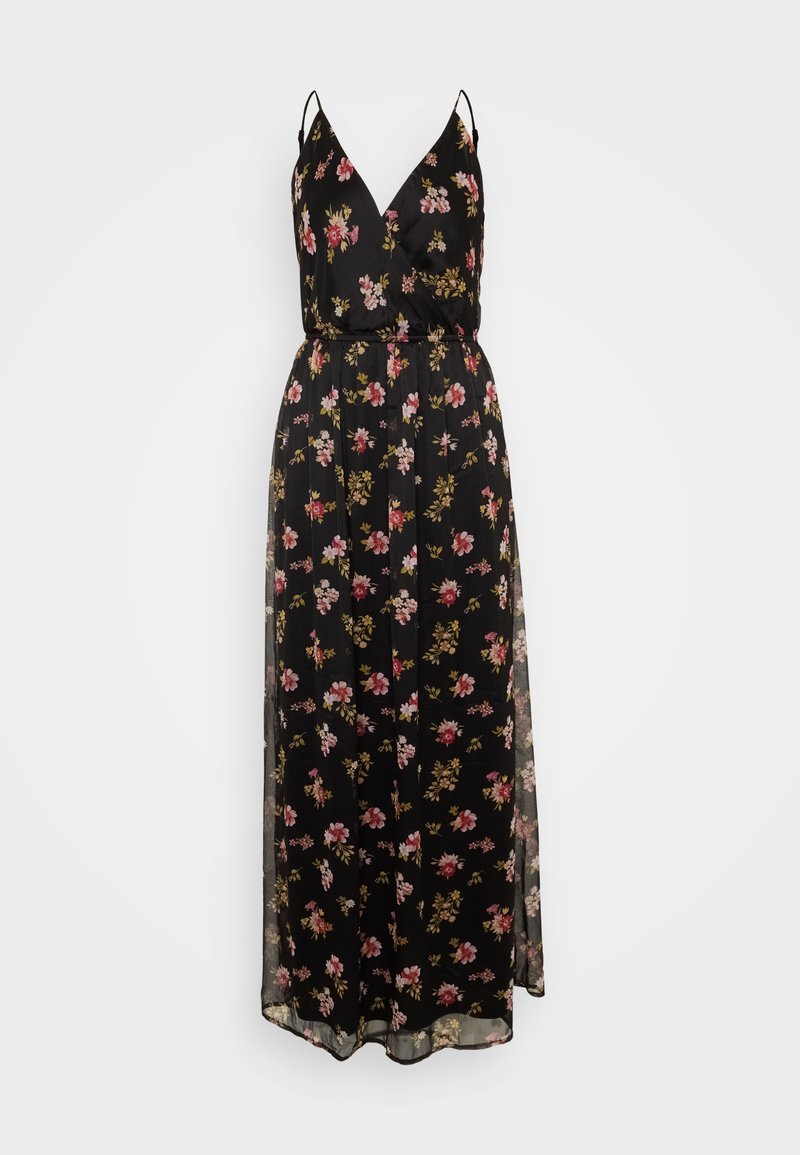 Schwarzes Blumenkleid im Maxiformat mit dünnen Trägern, V-Ausschnitt, tailliertem Schnitt und transparenter Overlay. Blumendesign in Rosa- und Goldtönen.