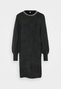 Dunkelgraues Strickkleid mit runder Ausschnitthöhe und silberner Perlenverzierung. Lange, voluminöse Ärmel und gerippte Bündchen.