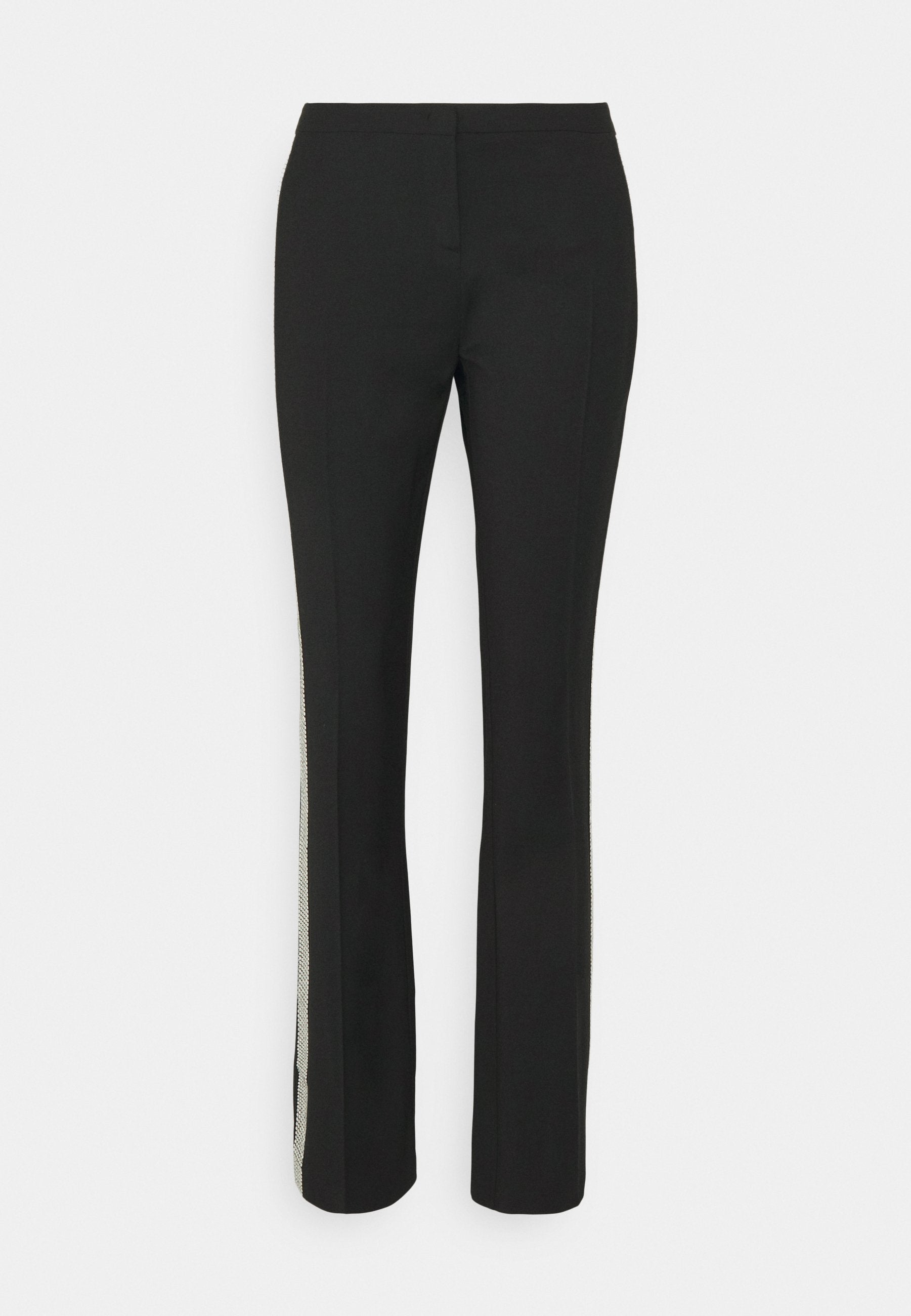 Schwarze Hose mit geradem Bein Design, ausgestattet mit einem strukturierten Seitenpanel, das einen Kontrast zu dem glatten Stoff der Hose schafft.