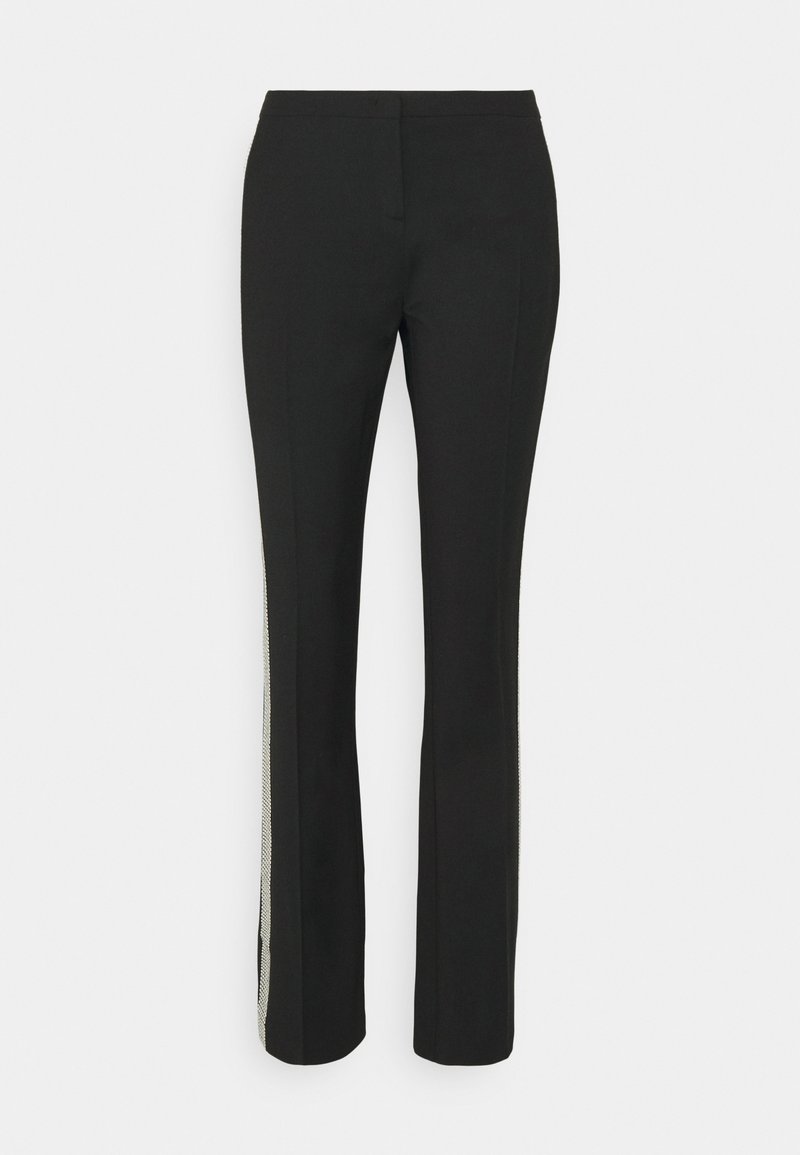 Schwarze Hose mit geradem Bein Design, ausgestattet mit einem strukturierten Seitenpanel, das einen Kontrast zu dem glatten Stoff der Hose schafft.