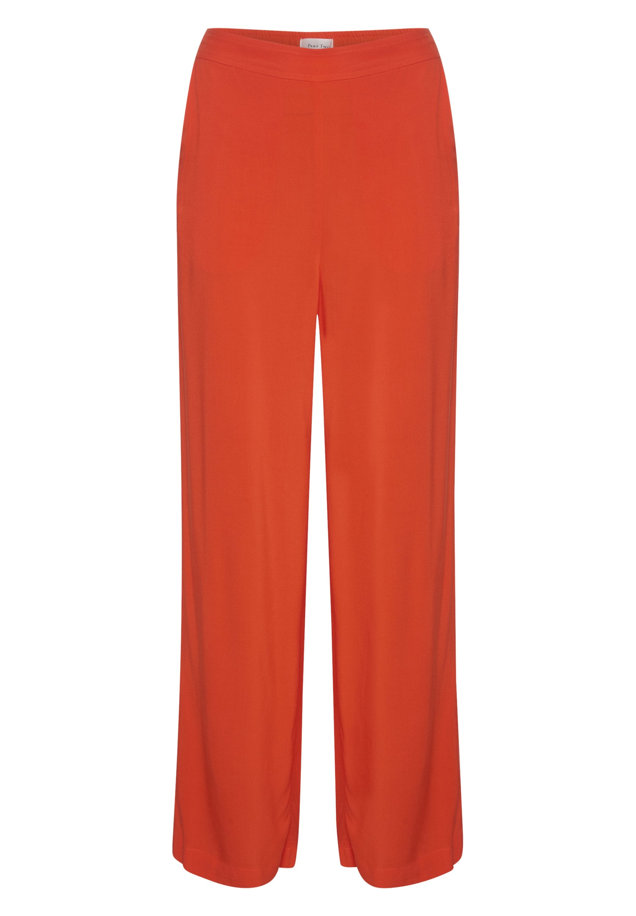 Weite Hosen aus leuchtend orangefarbenem Polyester mit glatter Textur und einem elastischen Bund. Keine sichtbaren Taschen oder Muster.