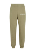 Olivgrüne Sweatpants mit elastischem Bund, schmal zulaufenden Beinen und weißem Textdesign mit der Aufschrift "The Future Surf Society" an der Seite.
