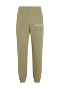 Olivgrüne Sweatpants mit elastischem Bund, schmal zulaufenden Beinen und weißem Textdesign mit der Aufschrift "The Future Surf Society" an der Seite.
