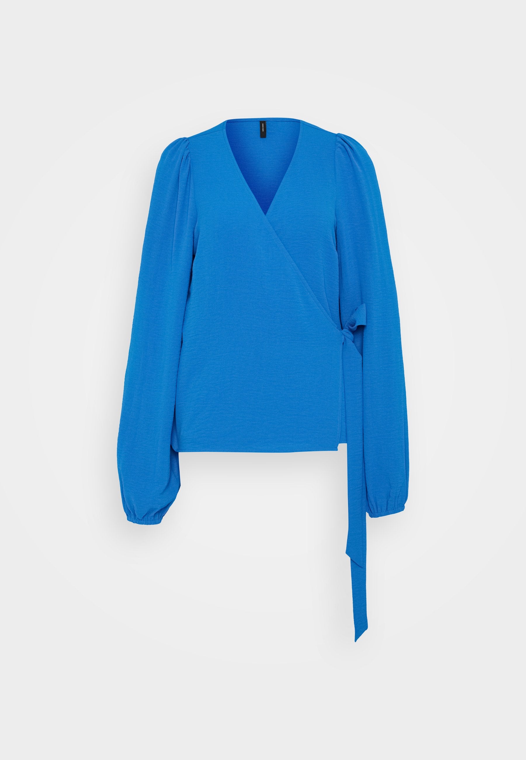 Blaues Wickeloberteil mit langen Puffärmeln, V-Ausschnitt, Bindedetail in der Taille, strukturiertem Stoff und lockerem Schnitt.