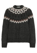Strickpullover in Dunkelgrau mit Rundhalsausschnitt. Verfügt über ein gemustertes Schulterteil in Creme, Braun und Dunkelgrau. Sanfte Textur und lässige Passform.