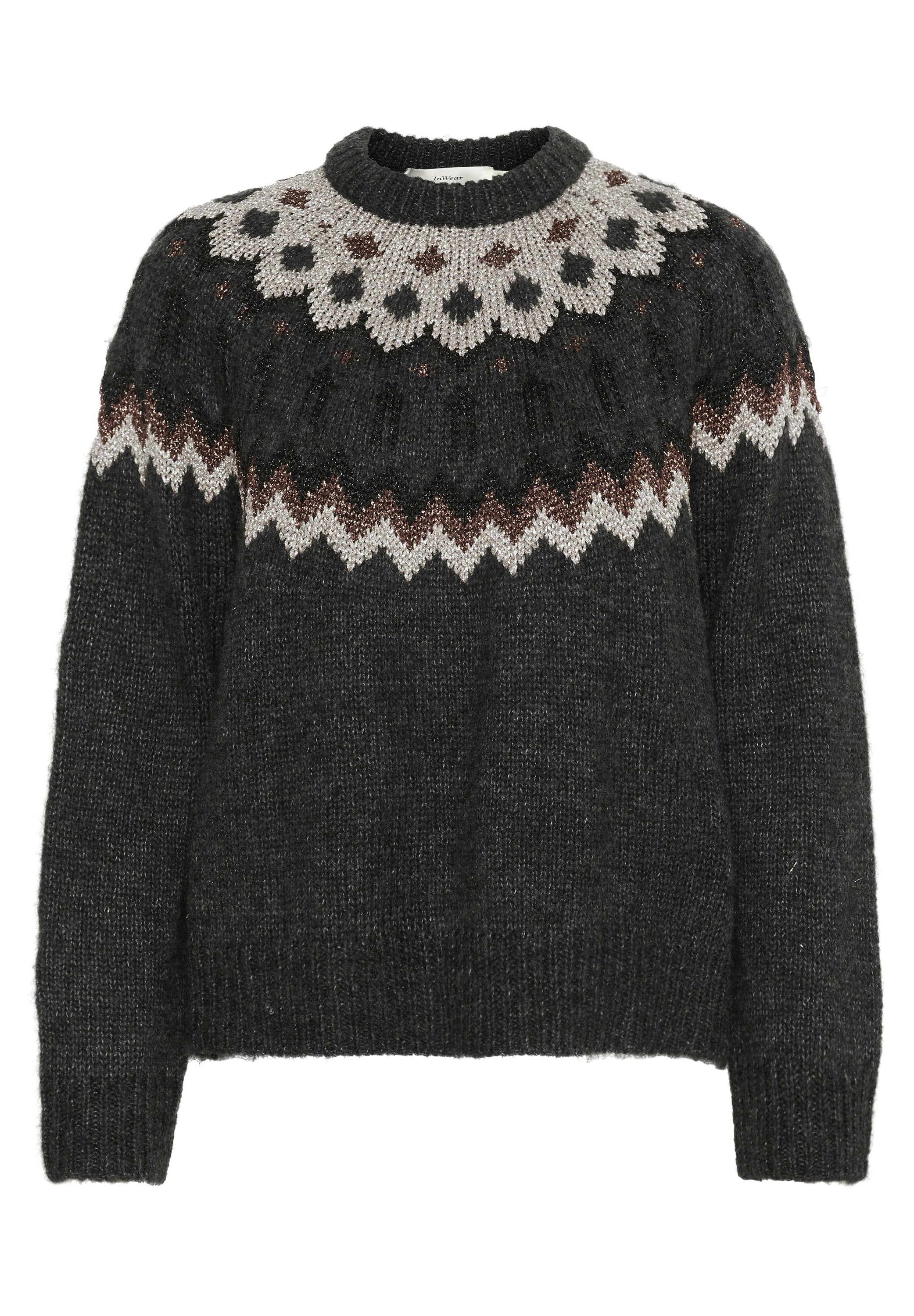 Strickpullover in Dunkelgrau mit Rundhalsausschnitt. Verfügt über ein gemustertes Schulterteil in Creme, Braun und Dunkelgrau. Sanfte Textur und lässige Passform.