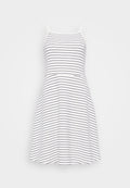 Gestreiftes ärmelloses Kleid in Weiß und Marineblau. Ein taillierter Oberteil geht in einen schwingenden Rock über. Hergestellt aus weichem, leichtem Stoff.