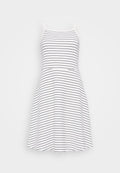 Gestreiftes ärmelloses Kleid in Weiß und Marineblau. Ein taillierter Oberteil geht in einen schwingenden Rock über. Hergestellt aus weichem, leichtem Stoff.