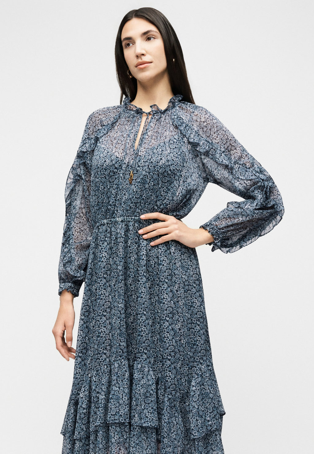 MICHAEL Michael Kors FLORAL RUFFLE MIDI DRESS