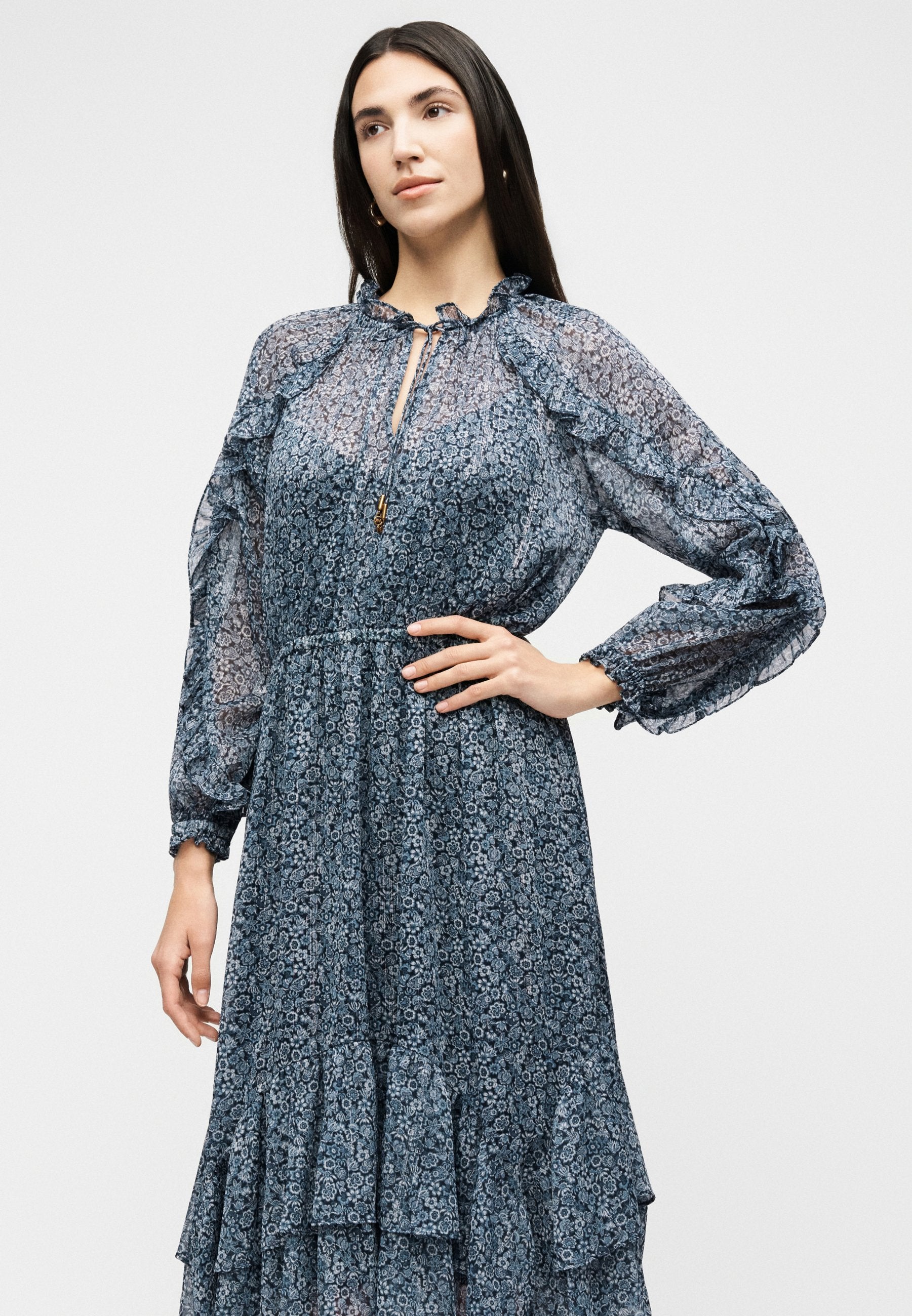 MICHAEL Michael Kors FLORAL RUFFLE MIDI DRESS
