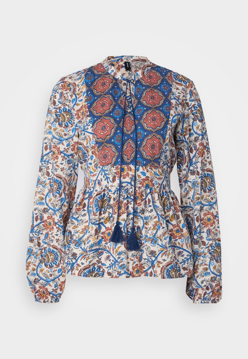 Langärmlige Bluse aus leichtem Stoff mit einem Blumenmuster in Blau, Rot und Orange. Mit gemustertem Einsatz und Quasten.