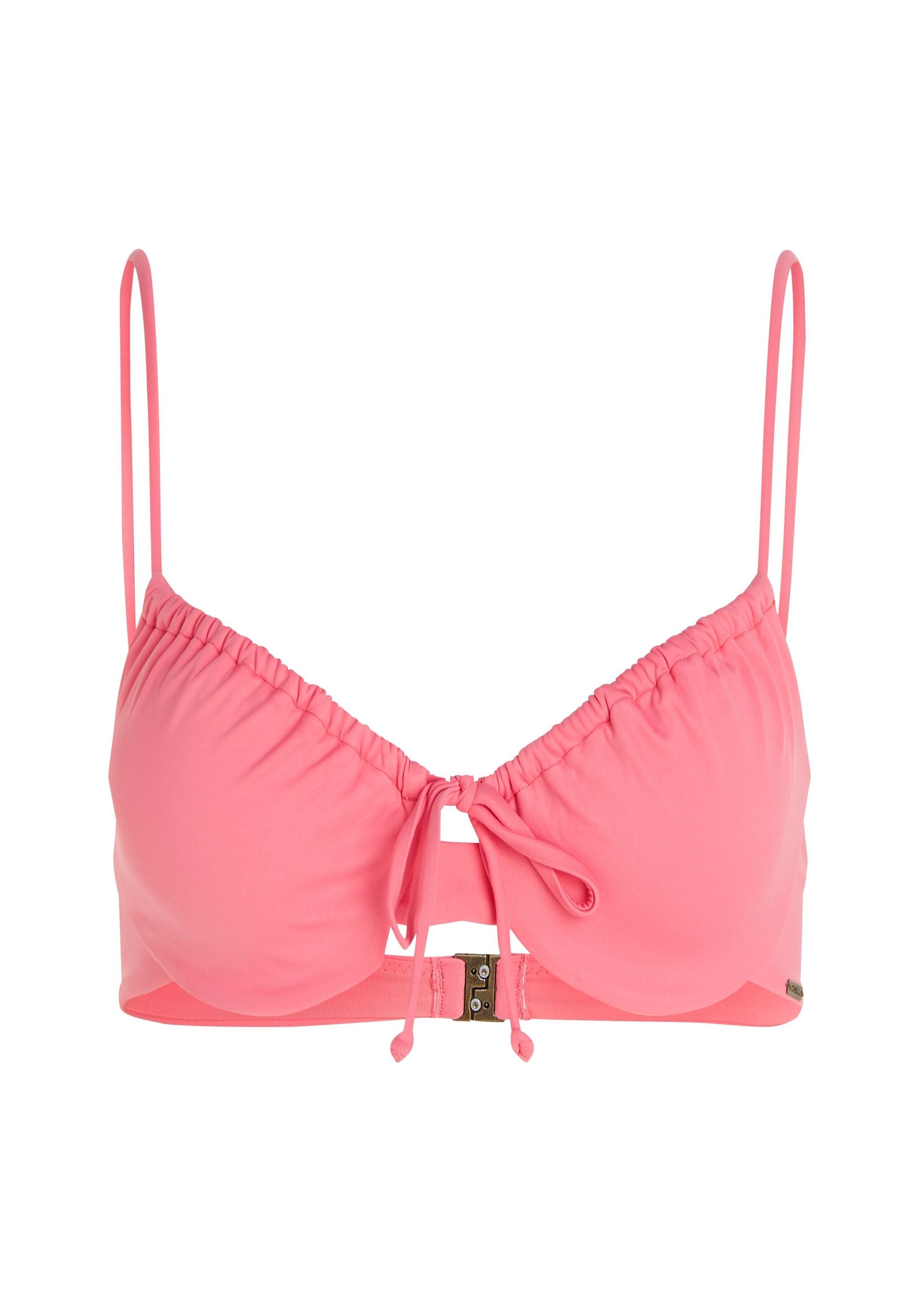 Rosa Bikini-Oberteil mit verstellbaren Trägern, gerafftem Stoff, einem zentralen Knoten-Detail und einem Metallverschluss auf der Rückseite. Glatte Textur.