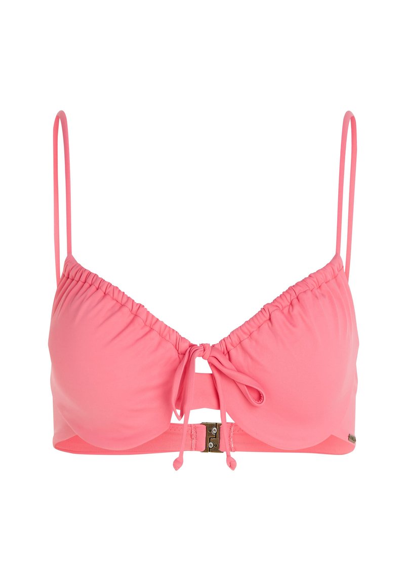 Rosa Bikini-Oberteil mit verstellbaren Trägern, gerafftem Stoff, einem zentralen Knoten-Detail und einem Metallverschluss auf der Rückseite. Glatte Textur.