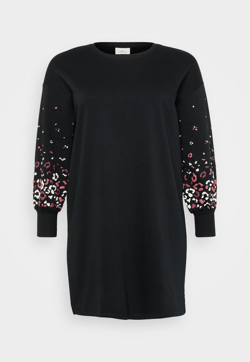 Schwarzes Sweatkleid mit langen Ärmeln, die am Bund mit einem bunten Leopardenmuster verziert sind. Weicher Stoff, lockere Passform, runder Ausschnitt.