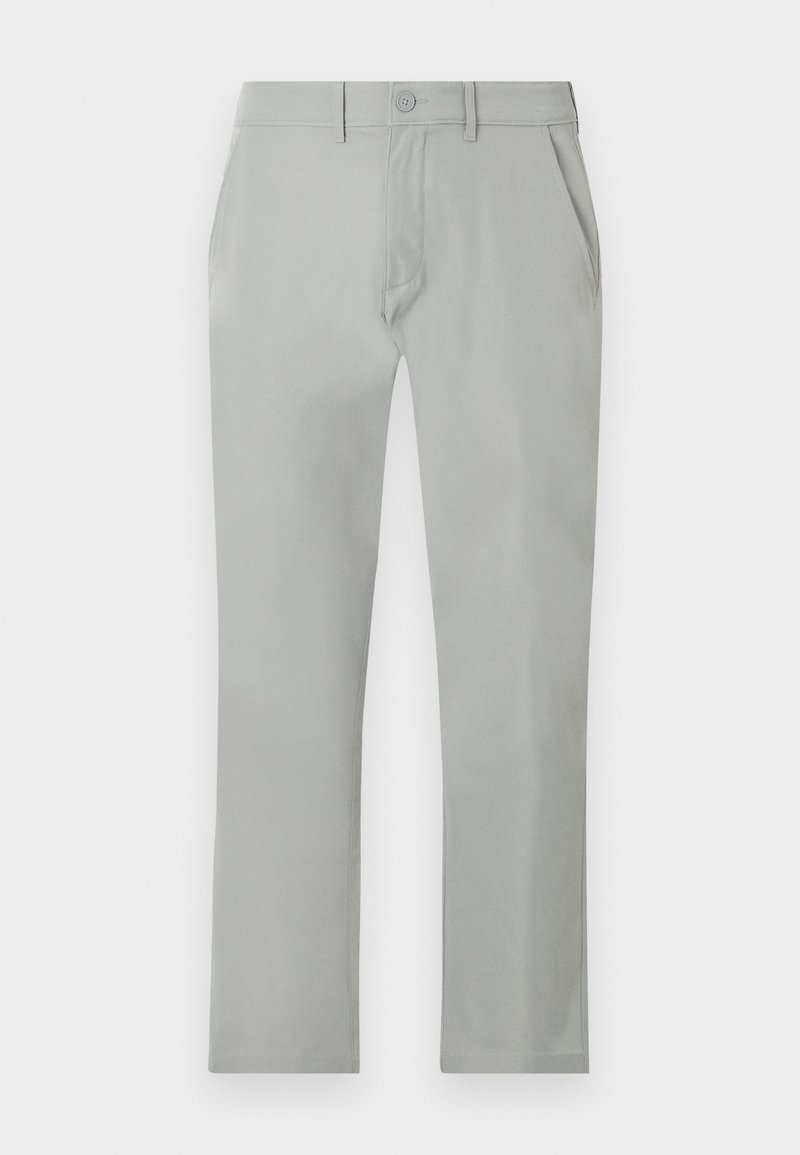 Hellgraue Hose mit glatter Textur, geradem Schnitt, Fronttaschen und einem einzigen Knopfverschluss am Bund.