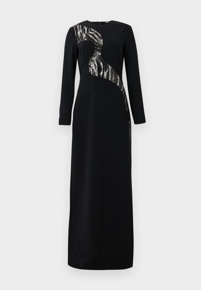 Schwarzes langärmliges bodenlangen Kleid mit einem glänzenden silbernen und schwarzen Zebra-Streifenmuster, das von der Schulter bis zur Hüfte verläuft.