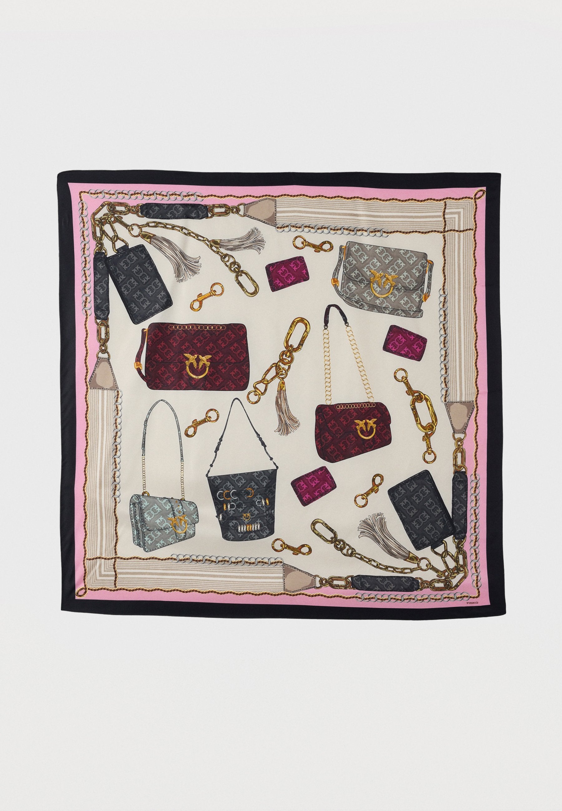 Seidenschal mit pinkem und schwarzem Rand, verziert mit gedruckten Handtaschen, Ketten, Quasten und Schlüsselanhängern in verschiedenen Farben und Mustern.