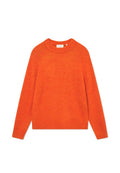 Oranger Pullover aus weichem Material, mit geripptem Ausschnitt und Saum, langen Ärmeln und lockerer Passform. Keine Muster oder Verzierungen.