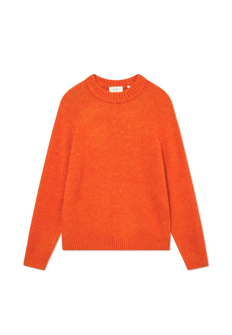 Oranger Pullover aus weichem Material, mit geripptem Ausschnitt und Saum, langen Ärmeln und lockerer Passform. Keine Muster oder Verzierungen.