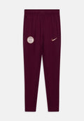 Bordeauxfarbene Sporthosen mit elastischem Bund, Seitentaschen, goldenen Akzenten, einem Paris-Logo und einem Nike-Swoosh-Logo auf der Vorderseite.