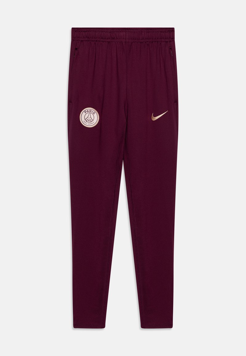 Bordeauxfarbene Sporthosen mit elastischem Bund, Seitentaschen, goldenen Akzenten, einem Paris-Logo und einem Nike-Swoosh-Logo auf der Vorderseite.