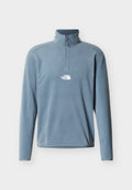 Hellblauer Fleecepullover mit langen Ärmeln, hohem Kragen, vorderem Halbreißverschluss und weißem "The North Face"-Logo auf der Brust.
