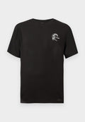 Schwarzes Baumwoll-T-Shirt mit kurzen Ärmeln, Rundhalsausschnitt, mit einem weißen Logo, das eine Welle und das Wort "O'Neill" auf der Brust zeigt.