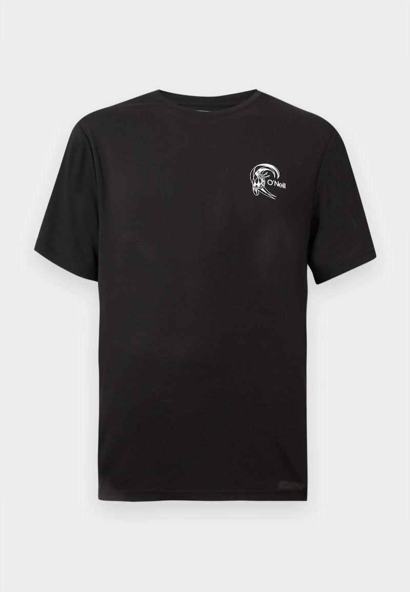 Schwarzes Baumwoll-T-Shirt mit kurzen Ärmeln, Rundhalsausschnitt, mit einem weißen Logo, das eine Welle und das Wort "O'Neill" auf der Brust zeigt.