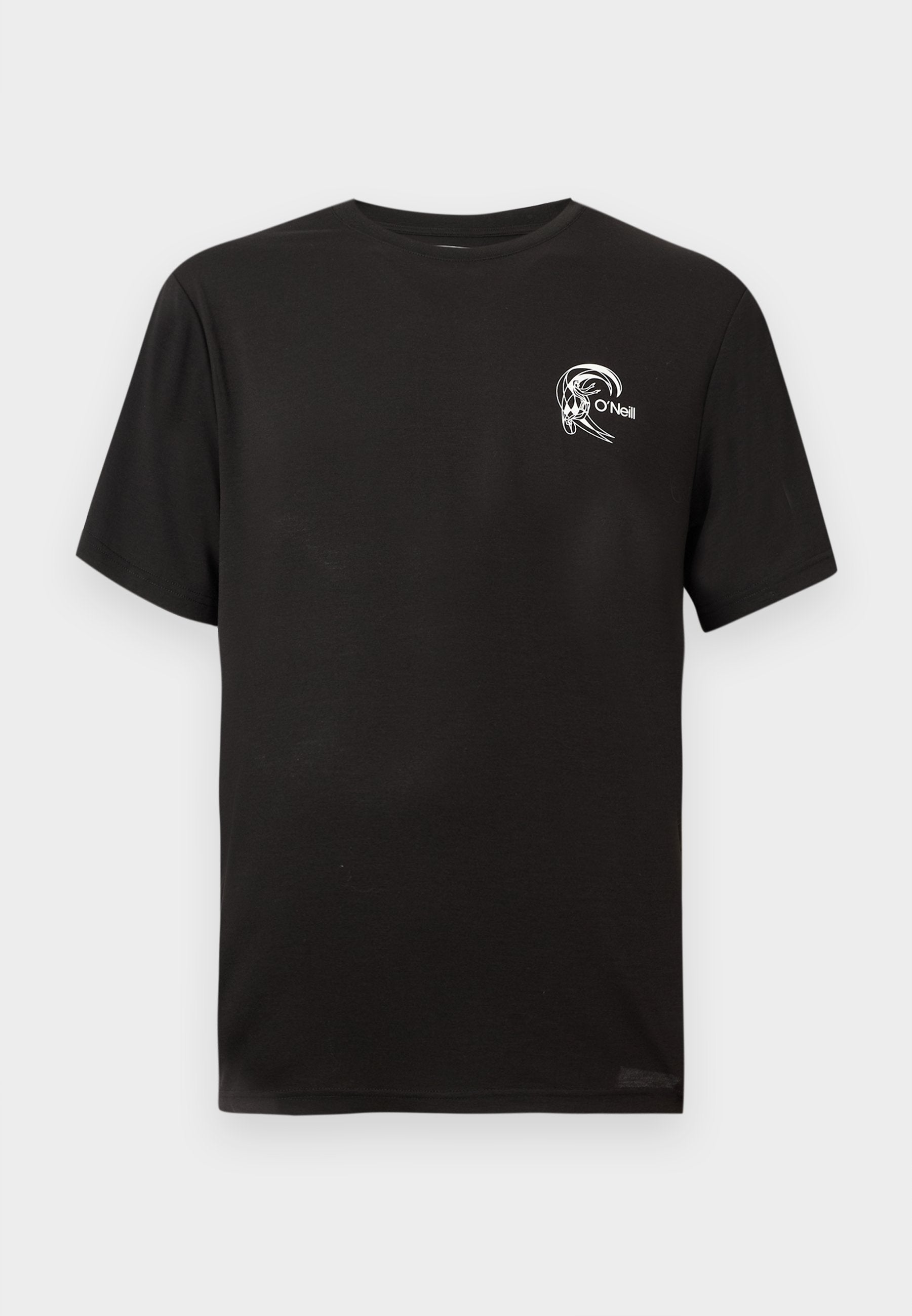 Schwarzes Baumwoll-T-Shirt mit kurzen Ärmeln, Rundhalsausschnitt, mit einem weißen Logo, das eine Welle und das Wort "O'Neill" auf der Brust zeigt.