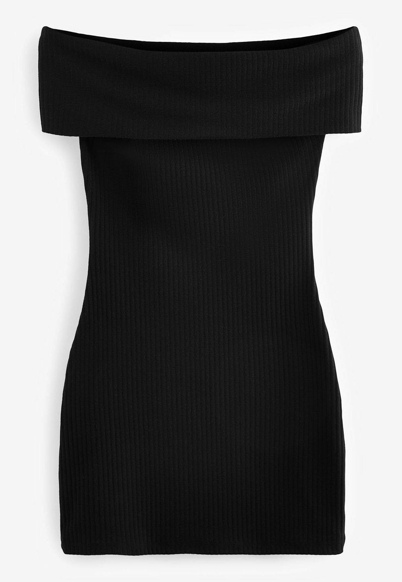 Schwarzes, schulterfreies Minikleid aus geripptem Stoff. Merkmale eine figurbetonte Silhouette mit einem breiten, gefalteten Rundhals. Glatte Textur über die gesamte Oberfläche.