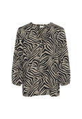 Schwarz-beige Bluse mit langen Ärmeln und Zebra-Muster, V-Ausschnitt und drei Knöpfen vorne. Weicher, leichter Stoff.