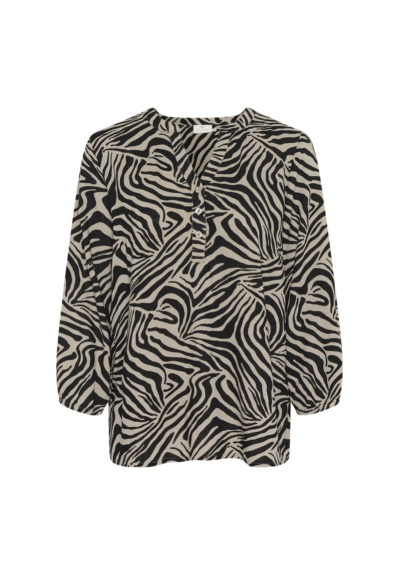 Schwarz-beige Bluse mit langen Ärmeln und Zebra-Muster, V-Ausschnitt und drei Knöpfen vorne. Weicher, leichter Stoff.