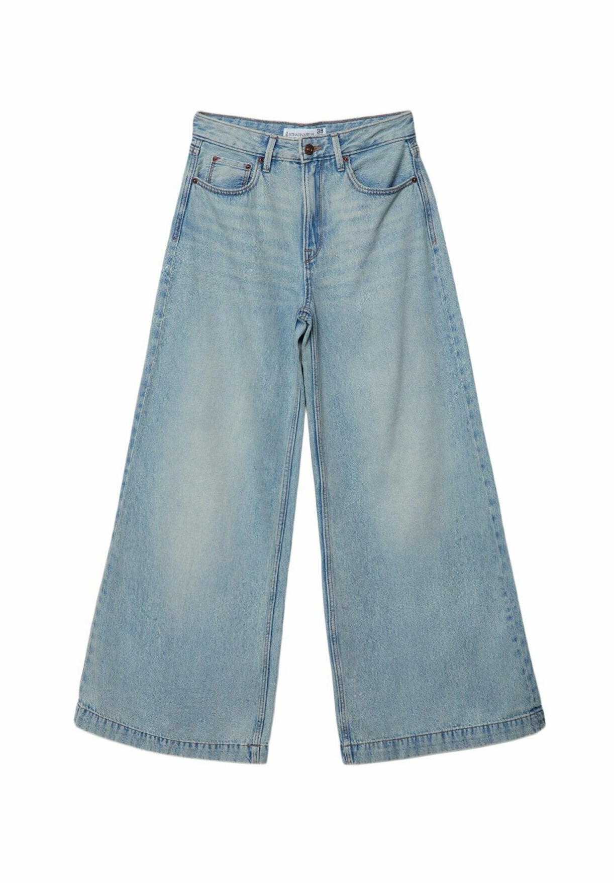 Hellblaue weit geschnittene Jeans aus Denim, mit hoher Taille, Fronttaschen und einer gewaschenen Optik mit dezenten Waschungen.