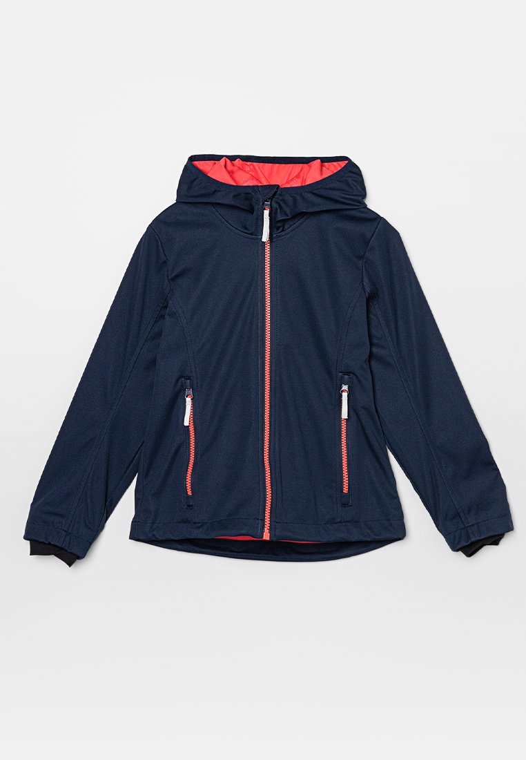Marineblaue Kapuzenjacke mit korallenfarbendem Reißverschluss und Innenfutter, zwei schrägen Reißverschlusstaschen vorne und langen Ärmeln mit elastischen Bündchen.