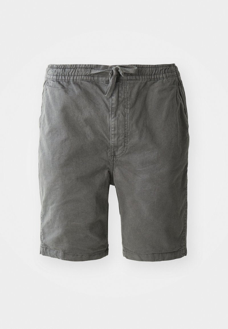 Graue Baumwollshorts mit elastischem Bund und Kordelzug. Verfügt über einen glatten, strukturierten Stoff mit Seitennähten und einer lockeren Passform.