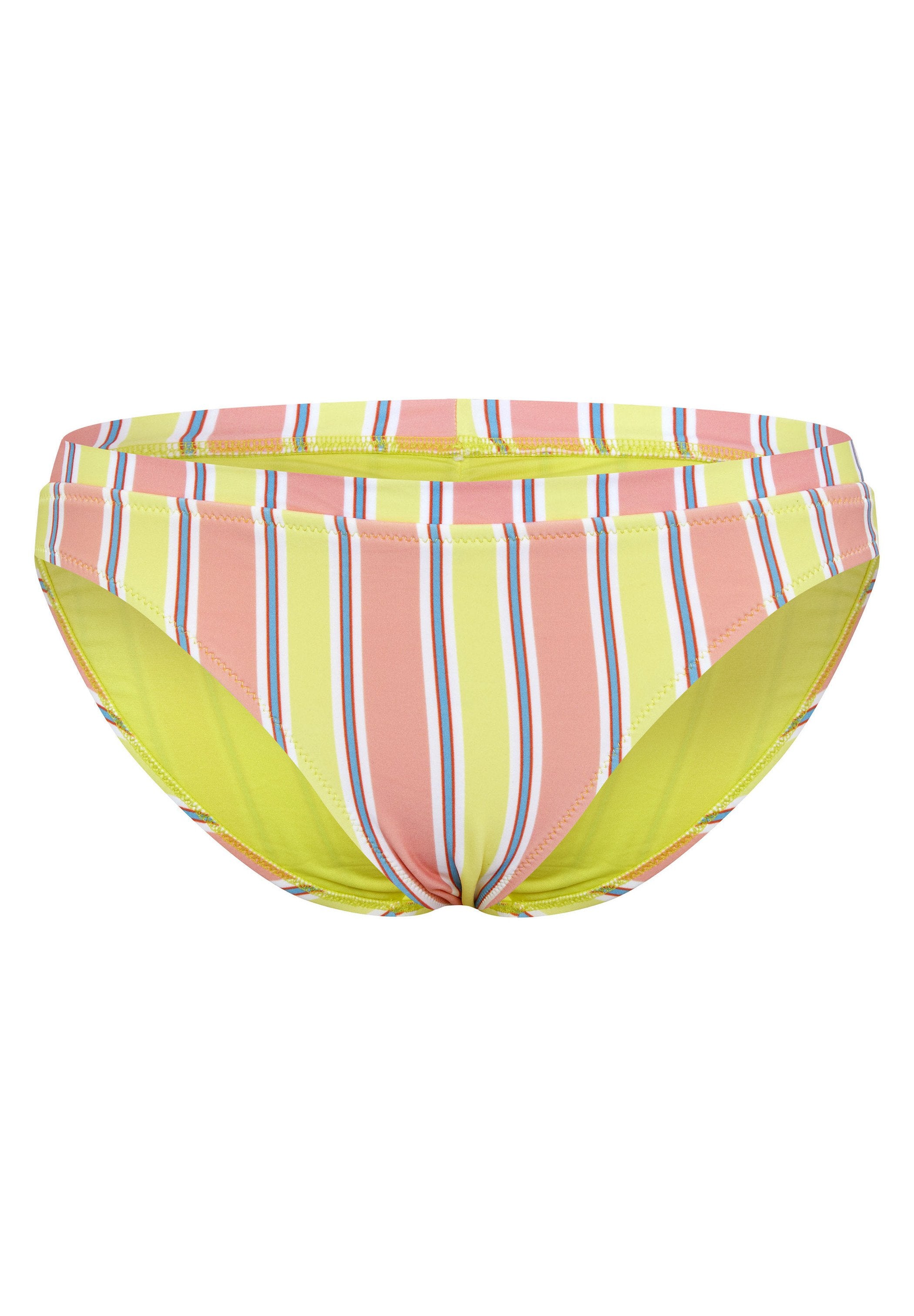 Niedrig geschnittene Bikinihose mit vertikalen Pastellstreifen in Gelb, Rosa, Weiß und Blau, ausgestattet mit einem schmalen Taillenbund.