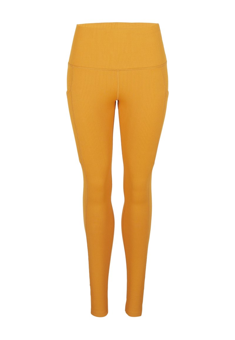 Gelbe, gerippte Leggings mit hohem Bund und zwei Seitentaschen, aus einem dehnbaren, weichen Material für Komfort und Flexibilität.
