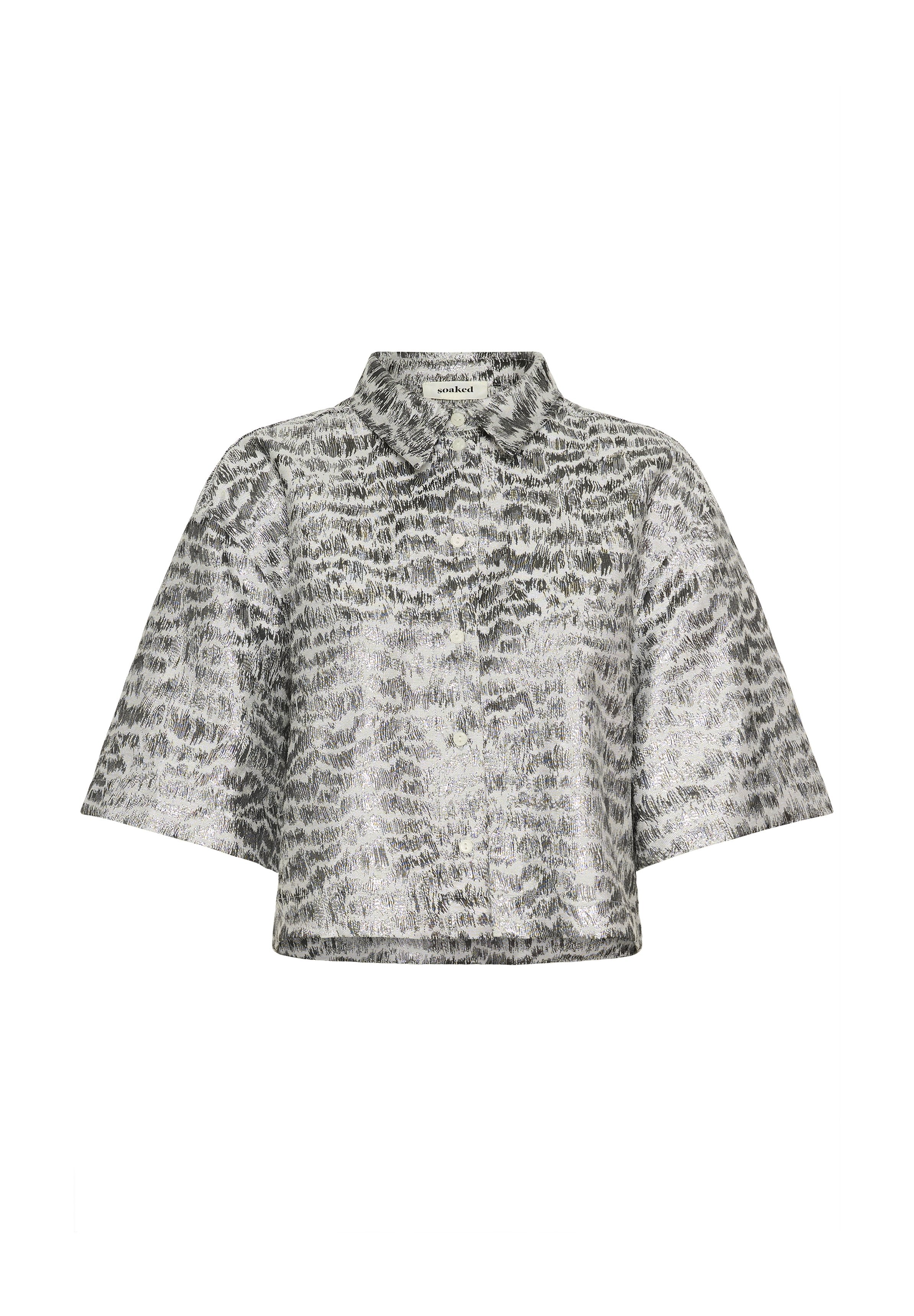 Kurzärmliges Hemd mit Kragen im silber-schwarzen abstrakten Druck, mit Knopfleiste und entspannter, verkürzter Silhouette.