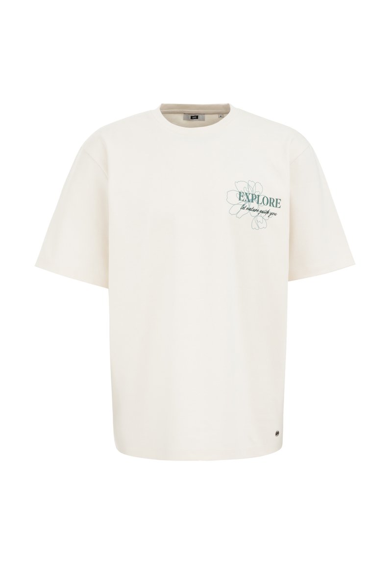 Cremfarbener Kurzarm-T-Shirt, mit floralem Design und dem Text "EXPLORE" in Grün. Hergestellt aus weicher Baumwolle, mit einem lässigen Schnitt.