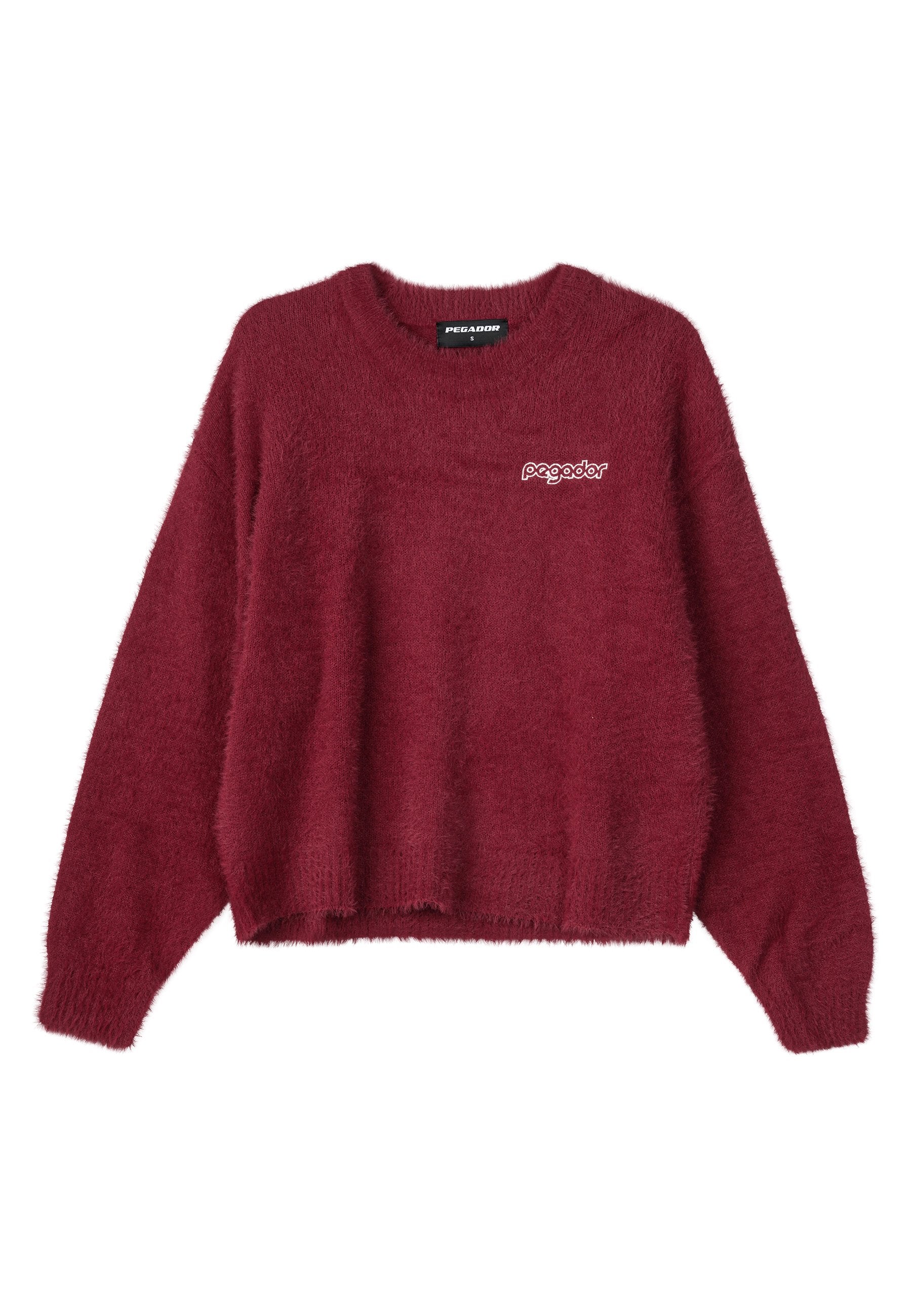 Burgunderfarbener Pullover aus weichem, strukturiertem Stoff. Verfügt über einen Rundhalsausschnitt und lange Ärmel mit einem kleinen gestickten Logo auf der Vorderseite.