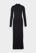 Langes schwarzes Kleid aus glattem Stoff mit hohem Kragen, langen Ärmeln und einem zentralen Reißverschluss vom Kragen bis zum Saum. Schlichtes, körperbetontes Design.